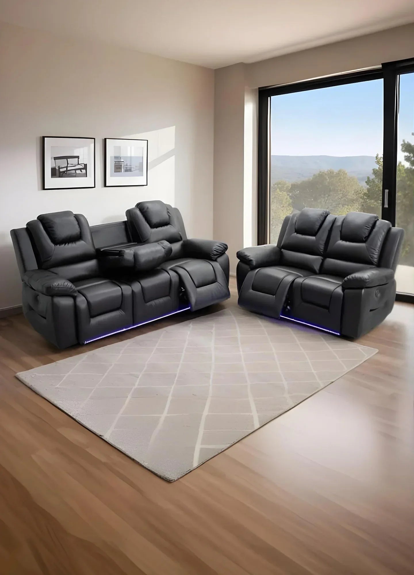 Oxford Leather Electric Recliner 3+2 Sofa with Cupholders, USB Charging Ports, LED Lights – Leather Corner Sofa