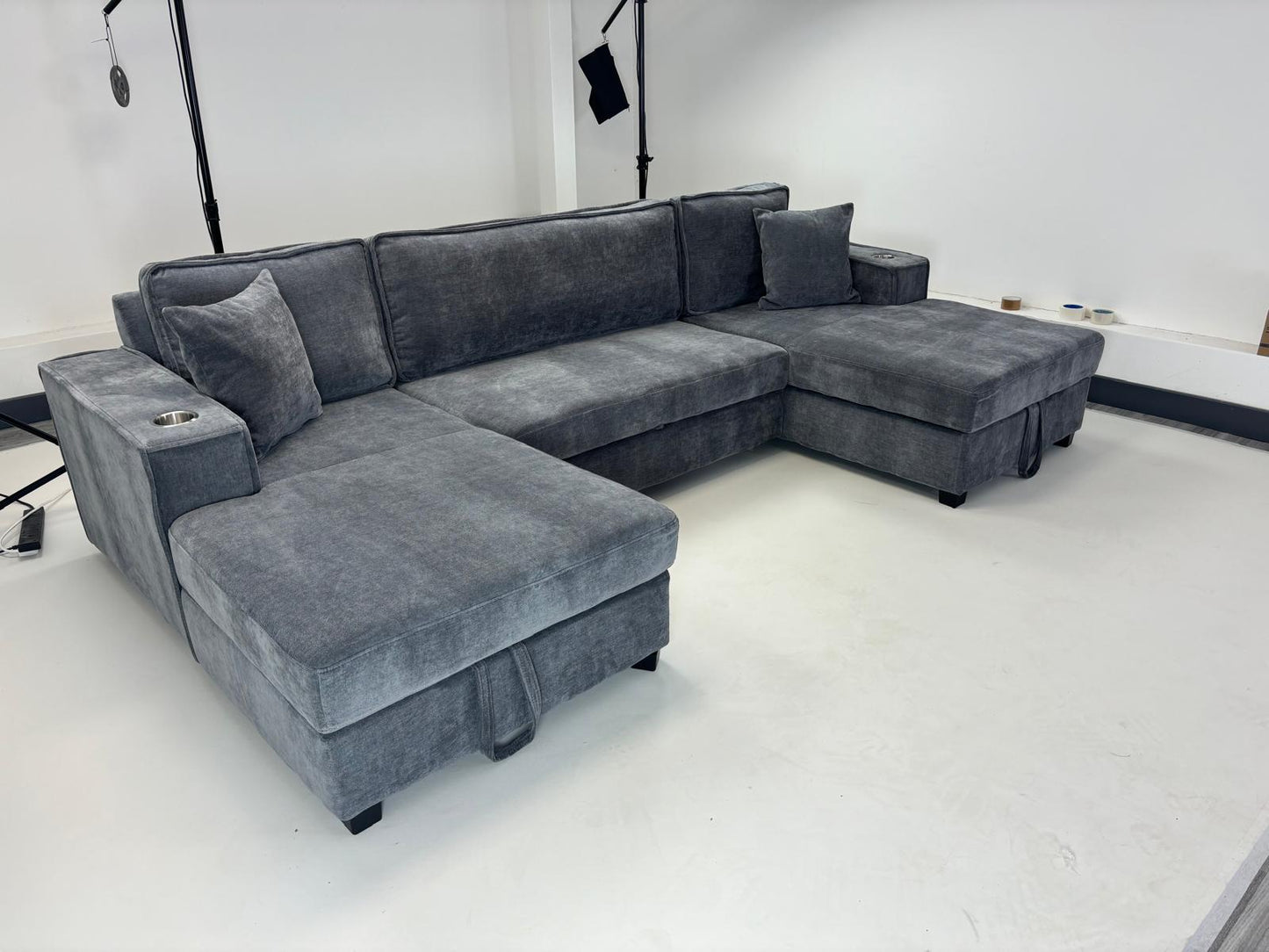 Lancaster U-Shape/Cinema Sofa Bed with Storage and Cup Holders (Available in Chenille Natural, Navy Blue or Grey)