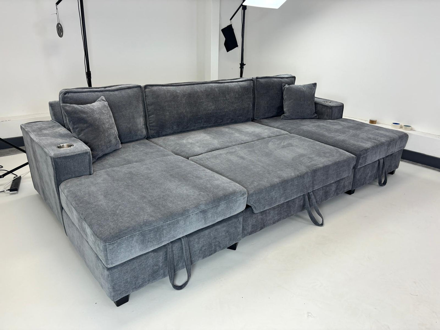 Lancaster U-Shape/Cinema Sofa Bed with Storage and Cup Holders (Available in Chenille Natural, Navy Blue or Grey)