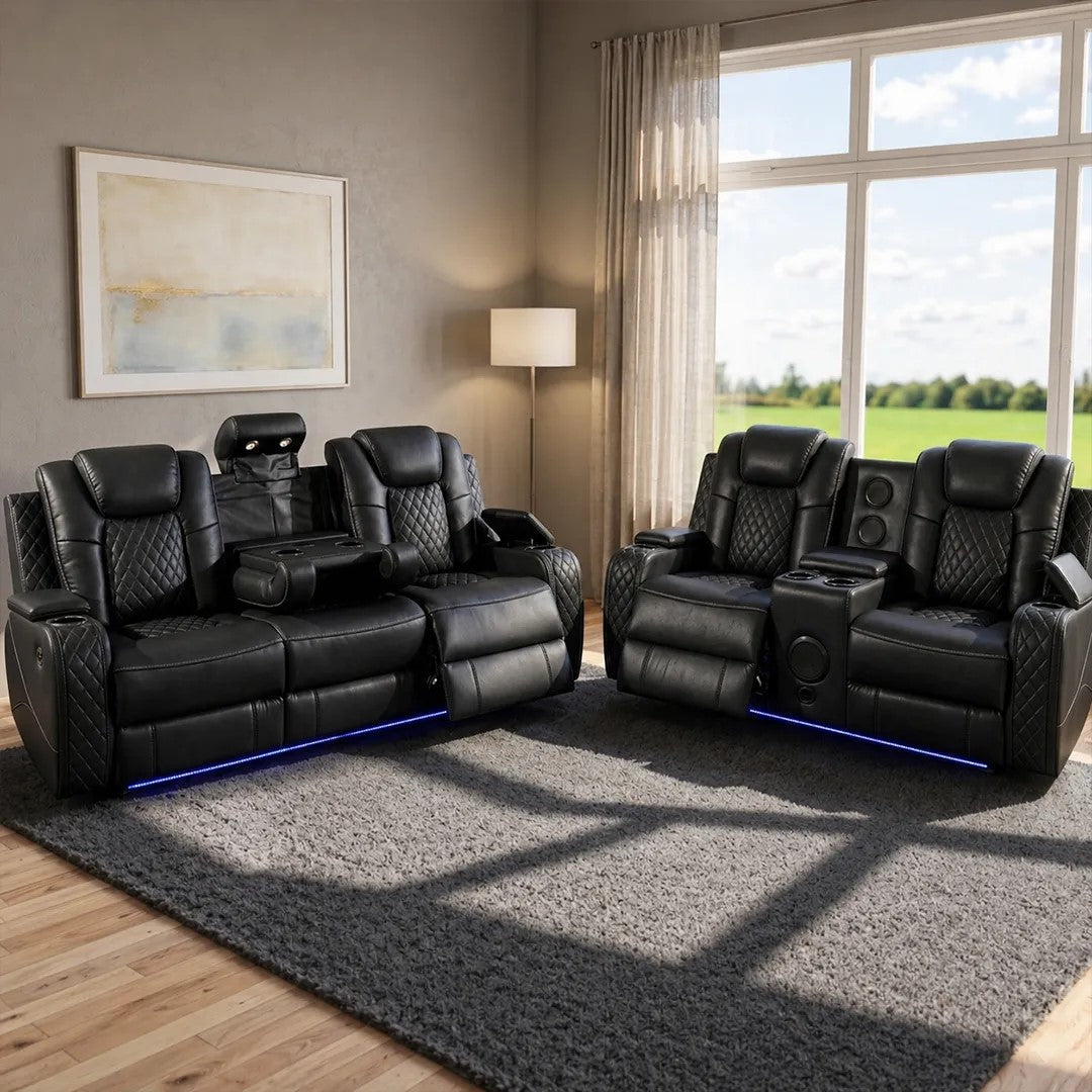 Emilay Premium Leather Electric Recliner Sofa – Luxury 3 and 2 Seater with Cooling Cupholders & Integrated Sound System