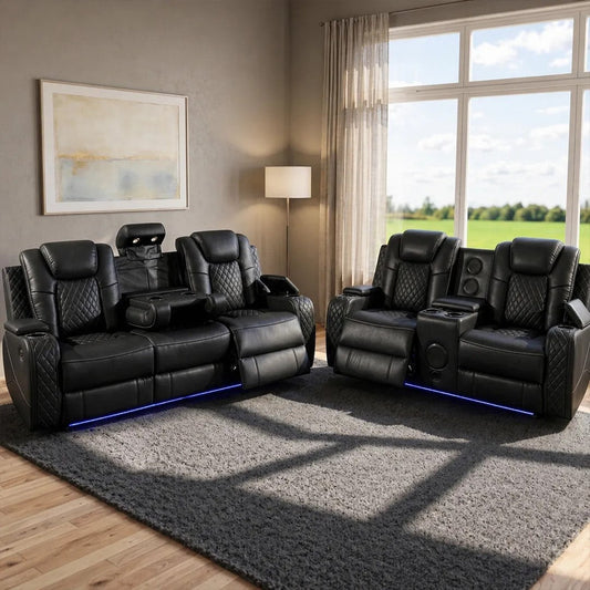 Emilay Premium Leather Electric Recliner Sofa – Luxury 3 and 2 Seater with Cooling Cupholders & Integrated Sound System