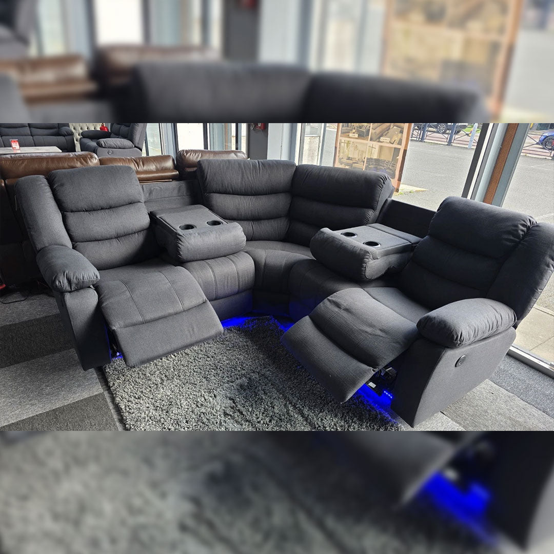 Roma Fabric Electric Recliner Corner Sofa Grey With USB/LED/Cup Holder