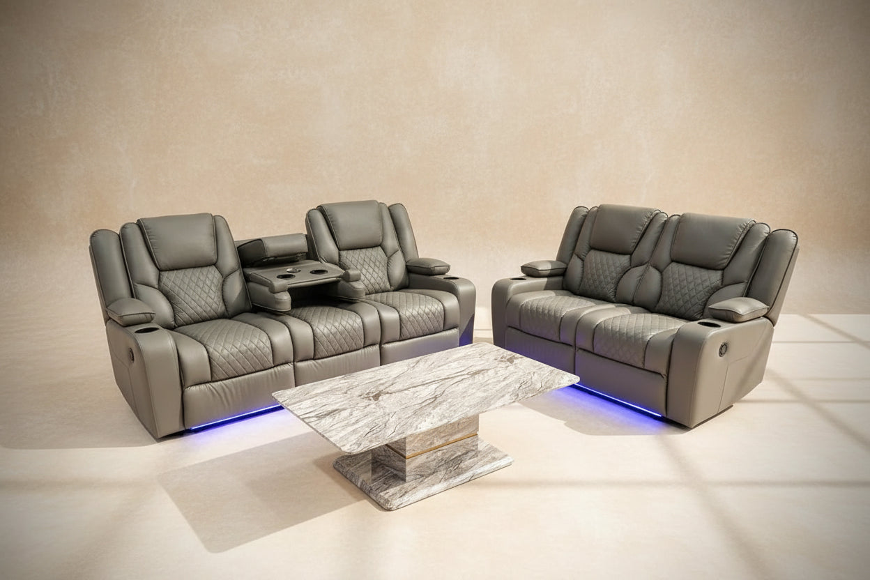 MNS Orlando Electric Recliners 3+2 Seater Leather Sofa (Black, Grey) /LED LIGHTS/WIRELESS CHARGER