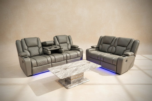 MNS Orlando Electric Recliners 3+2 Seater Leather Sofa (Black, Grey) /LED LIGHTS/WIRELESS CHARGER