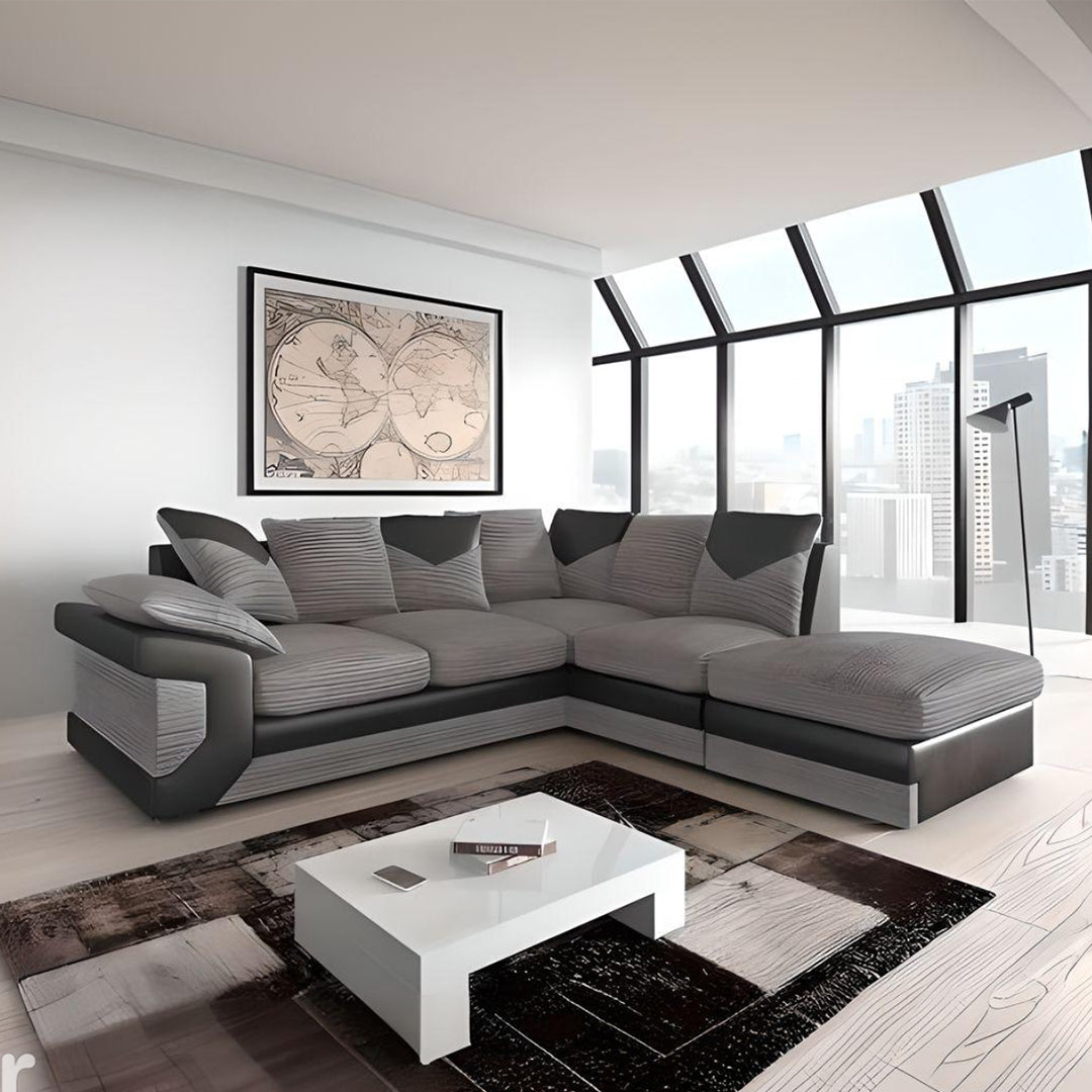 NEW LARGE DINO CORNER SOFA JUMBO CORD GREY BLACK OR BEIGE BROWN LEFT OR RIGHT(Grey Black right). Fire resistant as per British Standards, foam filled seats for comfort.