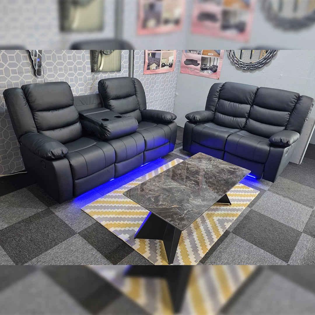 Roma Leather Electric Recliner Sofa with Cupholders - 3+2 Seater Sofa - Black , Grey(3+2 Seater)