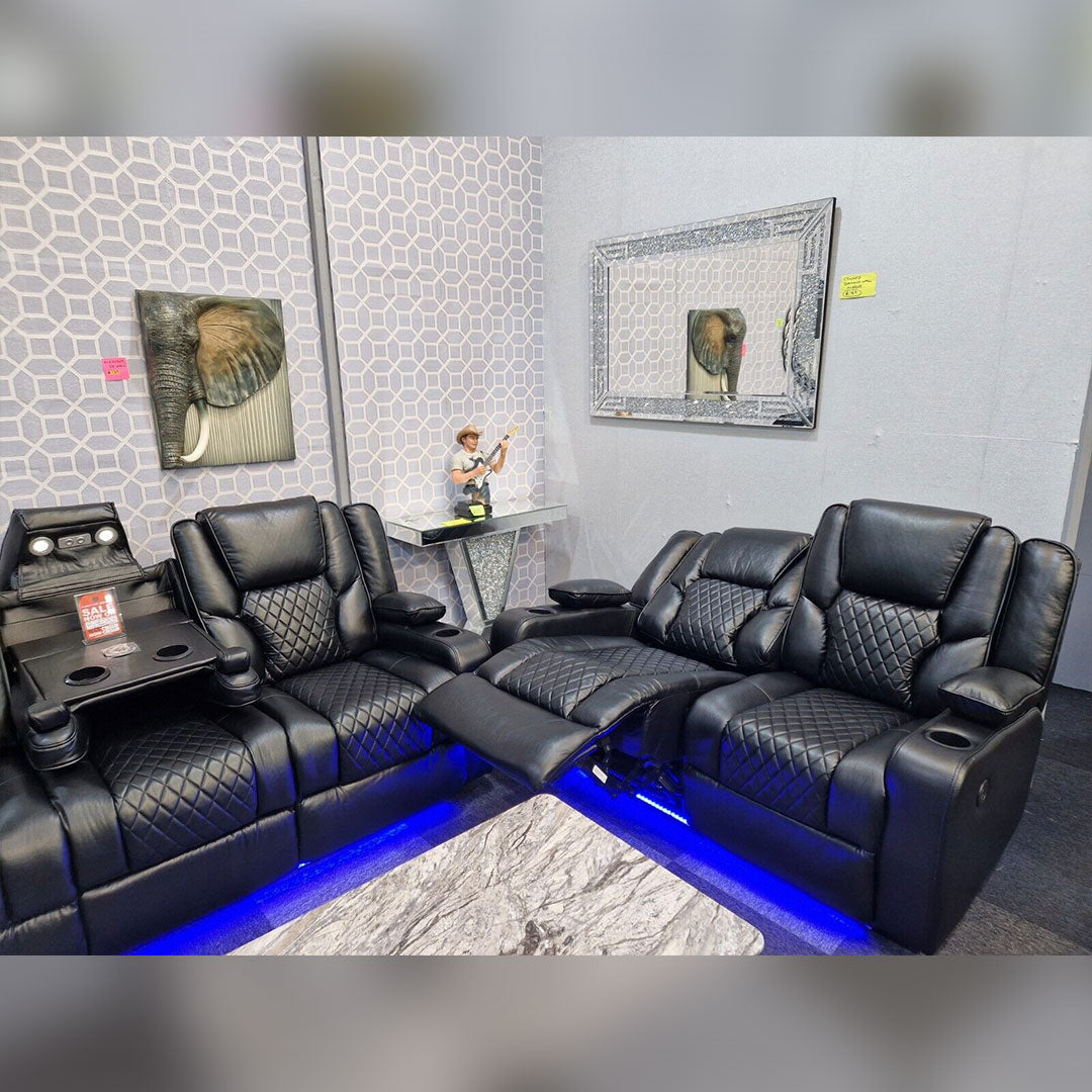 Orlando Electric Recliners 3+2 Seater Leather Sofa (Black, Grey) /LED LIGHTS/WIRELESS CHARGER