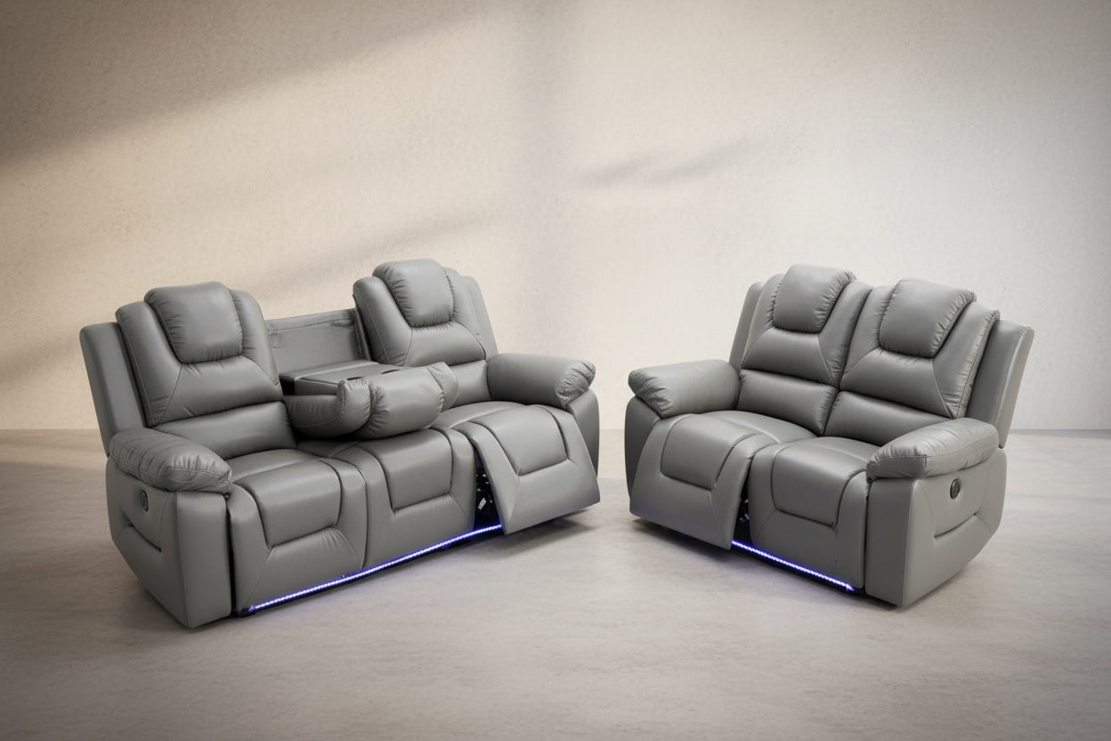 Oxford Leather Electric Recliner 3+2 Sofa with Cupholders, USB Charging Ports, LED Lights – Leather Corner Sofa