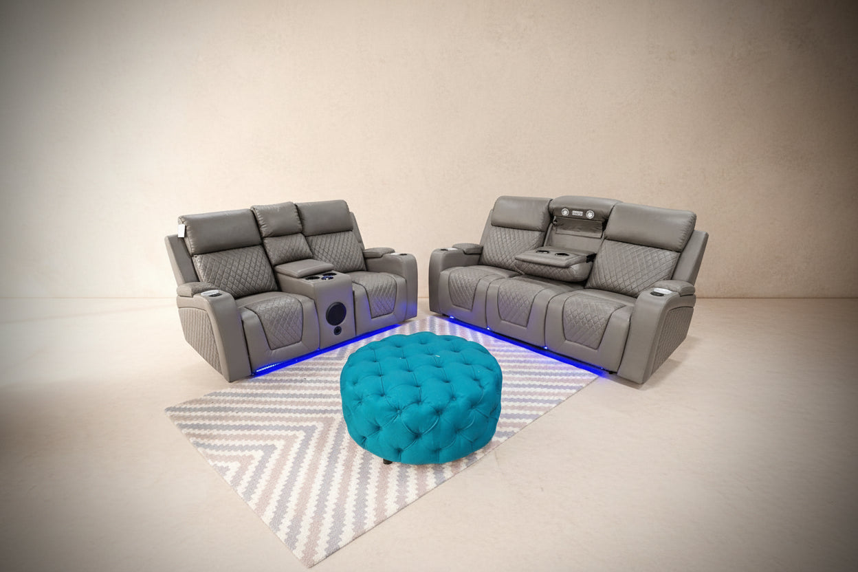 MNS Florida Music Electric Recliners 3+2 Seater Leather Sofa (Black, Grey) Blutooth Speakers/LED LIGHTS/WIRELESS CHARGER MNS (MY NEW SOFA) LTD