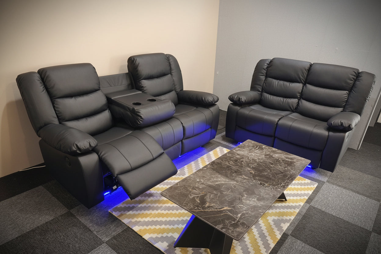 Roma Leather Electric Recliner Sofa with Cupholders - 3+2 Seater Sofa - Black , Grey(3+2 Seater)