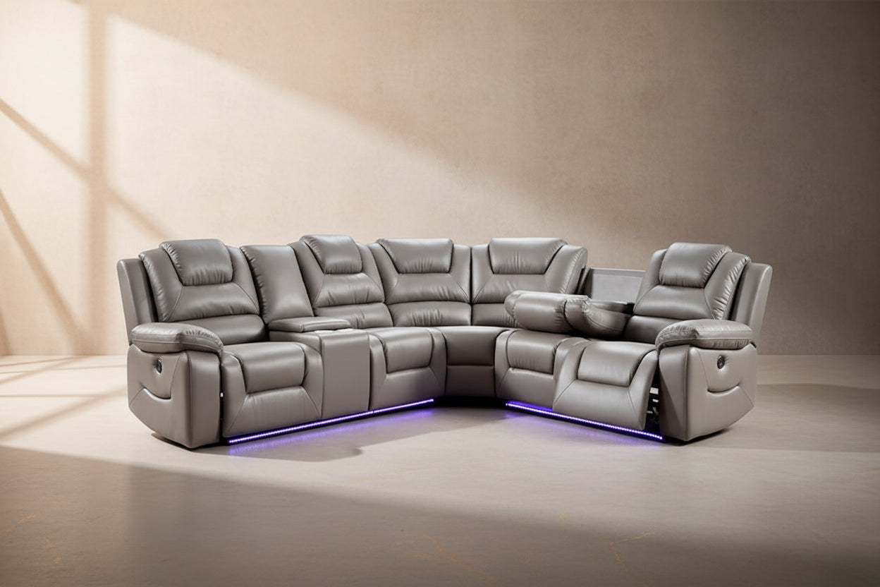 Oxford Leather Electric Recliner Corner Sofa with Cupholders, USB Charging Ports, LED Lights – Leather Corner Sofa