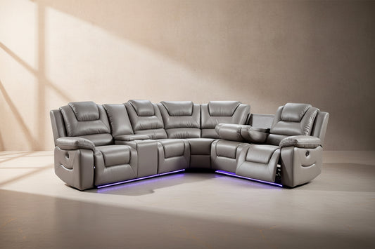 Oxford Leather Electric Recliner Corner Sofa with Cupholders, USB Charging Ports, LED Lights – Leather Corner Sofa