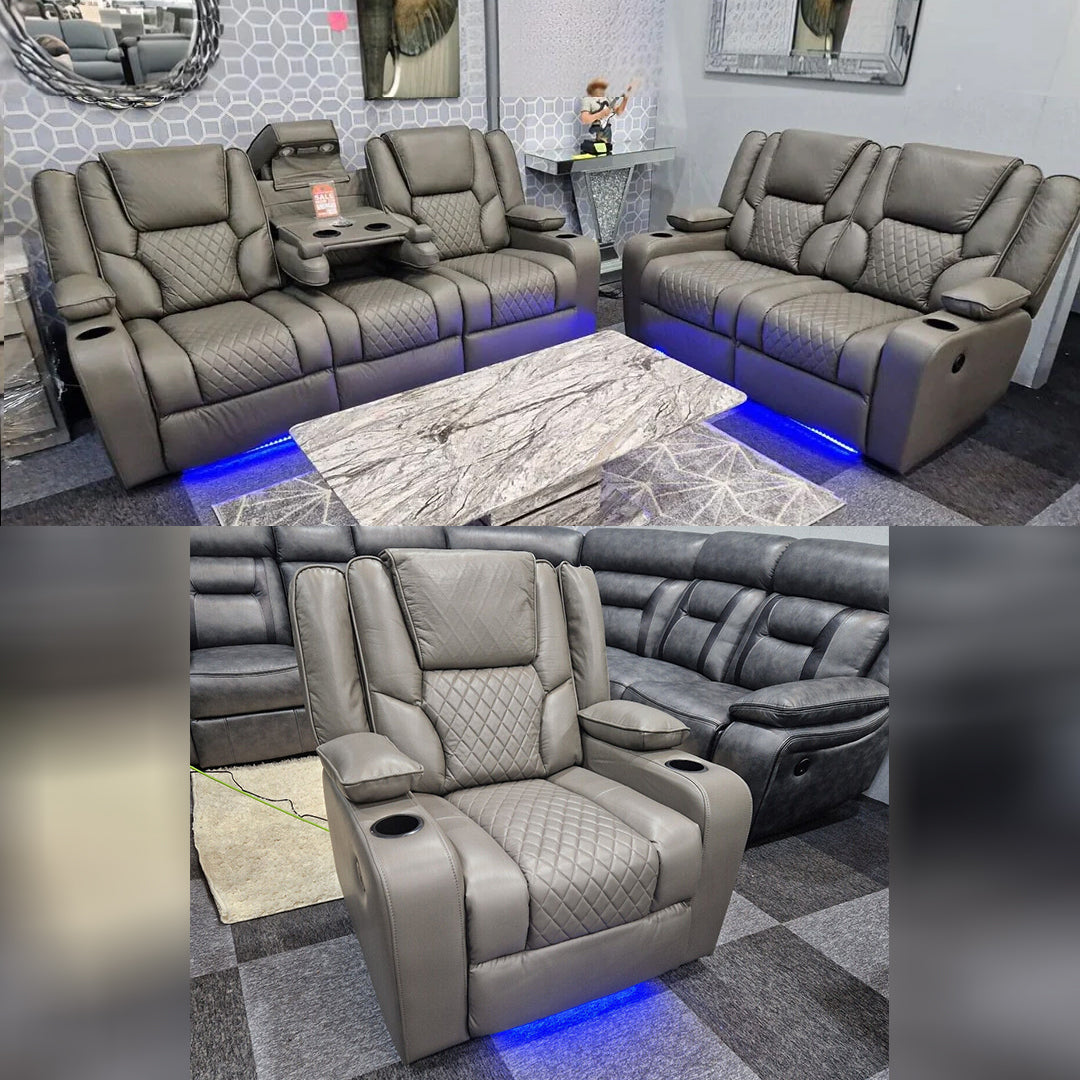 Orlando Electric Recliners 3+2 Seater Leather Sofa (Black, Grey) /LED LIGHTS/WIRELESS CHARGER