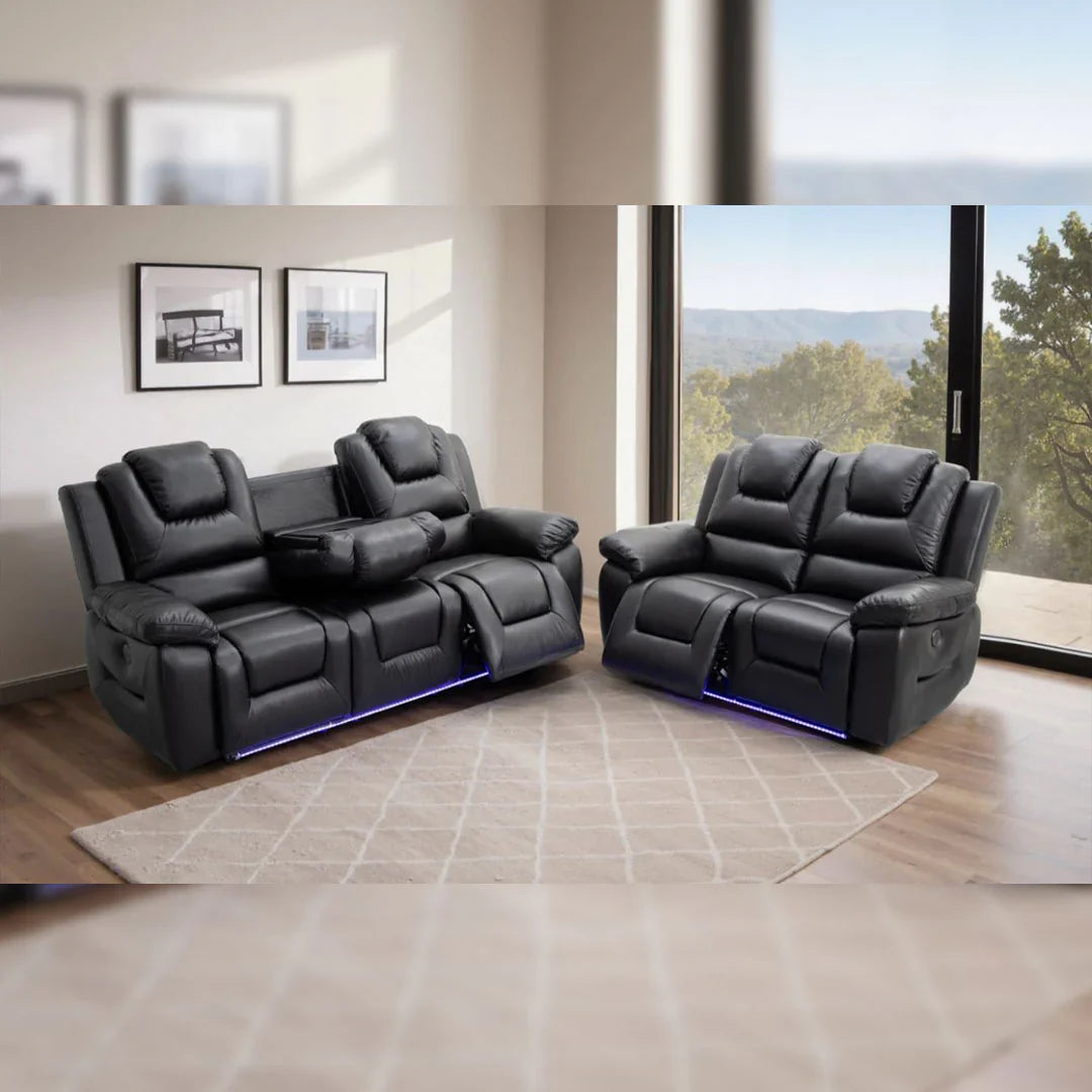 Oxford Leather Electric Recliner 3+2 Sofa with Cupholders, USB Charging Ports, LED Lights – Leather Corner Sofa