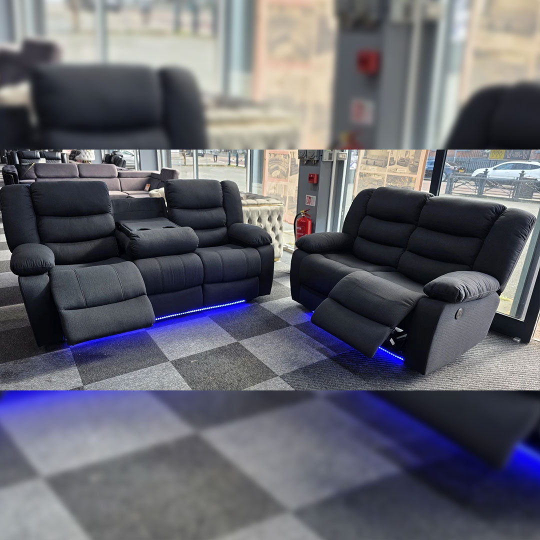 Roma Fabric Electric Recliner Sofa 3+2-Seater With USB/LED/Cup Holder Black/Grey