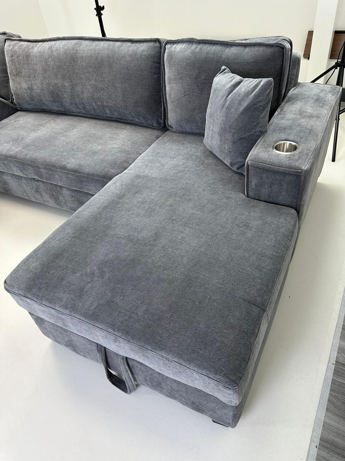 Lancaster U-Shape/Cinema Sofa Bed with Storage and Cup Holders (Available in Chenille Natural, Navy Blue or Grey)