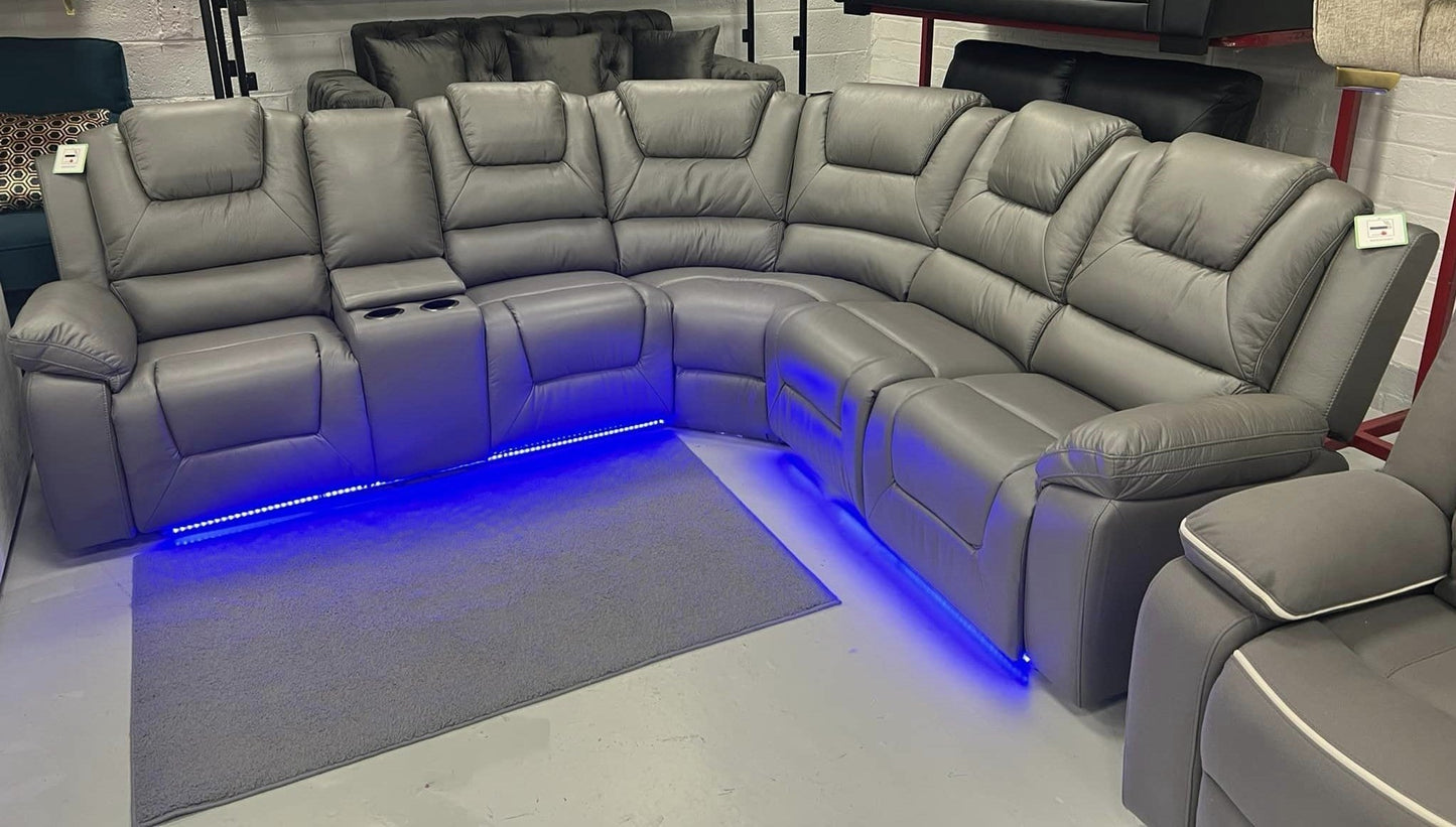 Oxford Leather Electric Recliner Corner Sofa with Cupholders, USB Charging Ports, LED Lights – Leather Corner Sofa