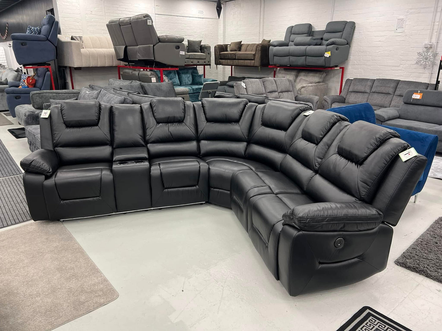 Oxford Leather Electric Recliner Corner Sofa with Cupholders, USB Charging Ports, LED Lights – Leather Corner Sofa