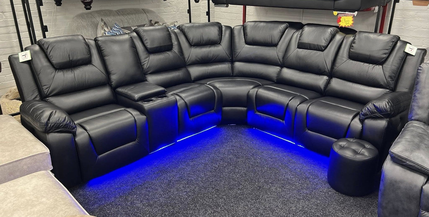 Oxford Leather Electric Recliner Corner Sofa with Cupholders, USB Charging Ports, LED Lights – Leather Corner Sofa
