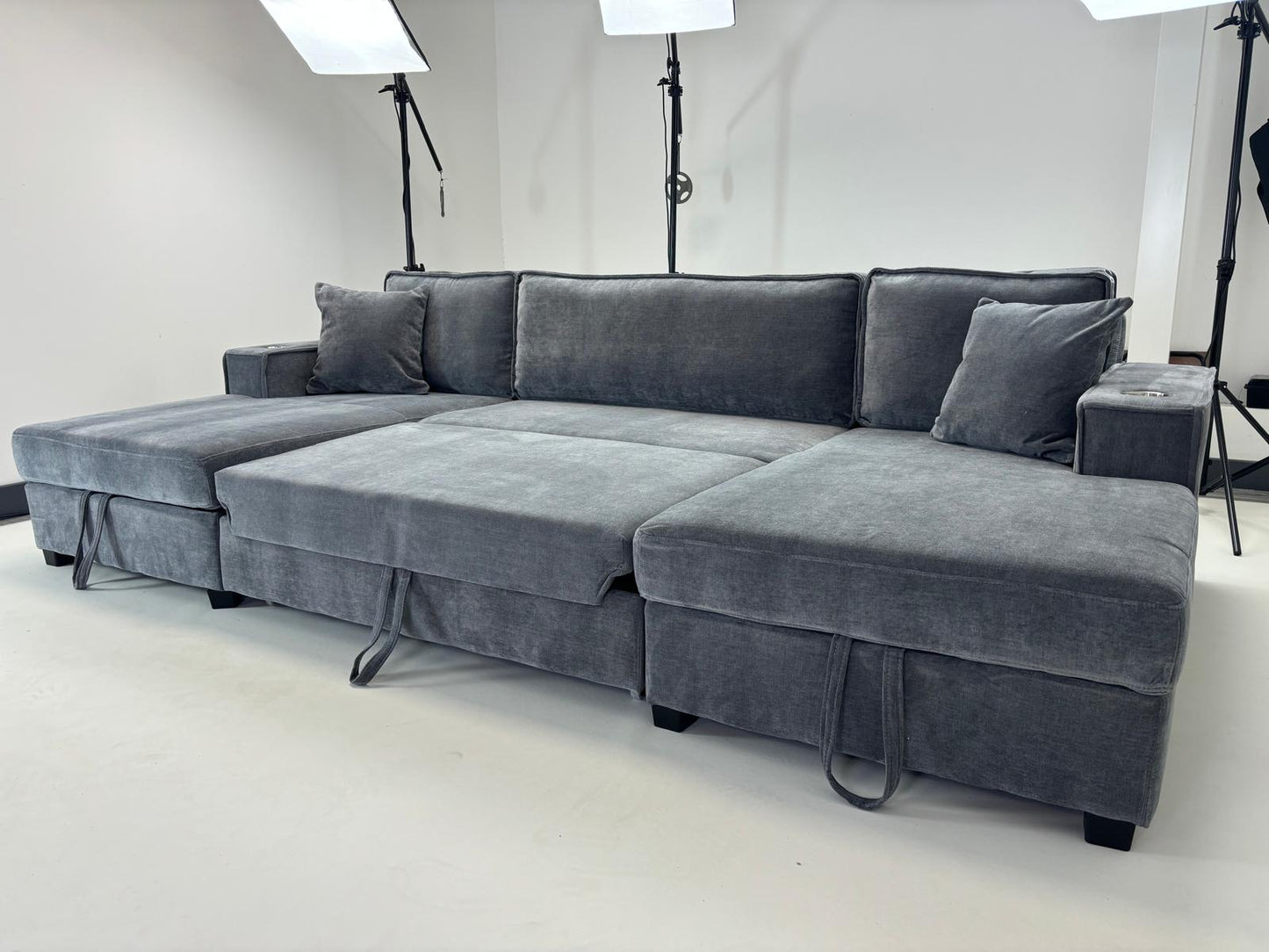 Lancaster U-Shape/Cinema Sofa Bed with Storage and Cup Holders (Available in Chenille Natural, Navy Blue or Grey)