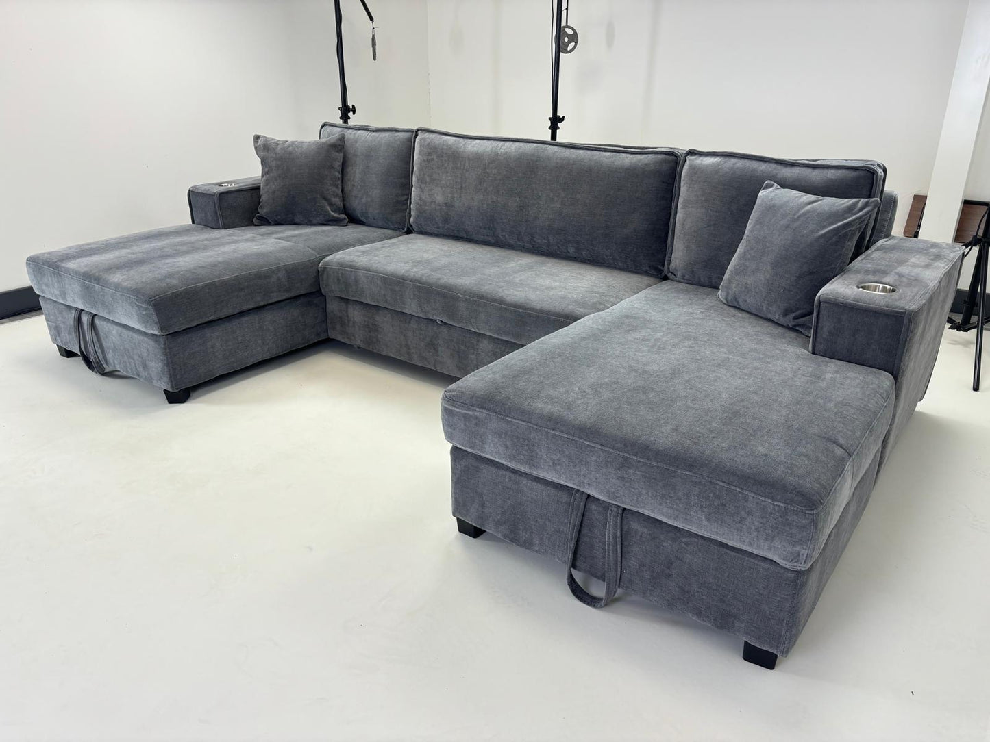 Lancaster U-Shape/Cinema Sofa Bed with Storage and Cup Holders (Available in Chenille Natural, Navy Blue or Grey)