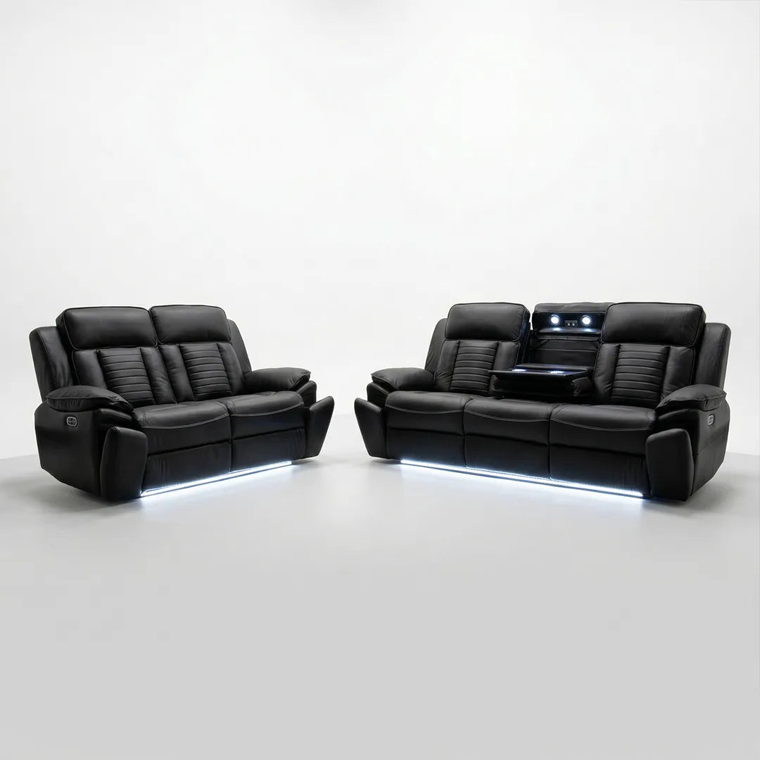 Savilla Electric Leather Recliner Sofa Set – 3+2 Seater with Cup Holders, USB & Type-C Charging Ports, LED Lighting & Wireless Charging, Black & Grey