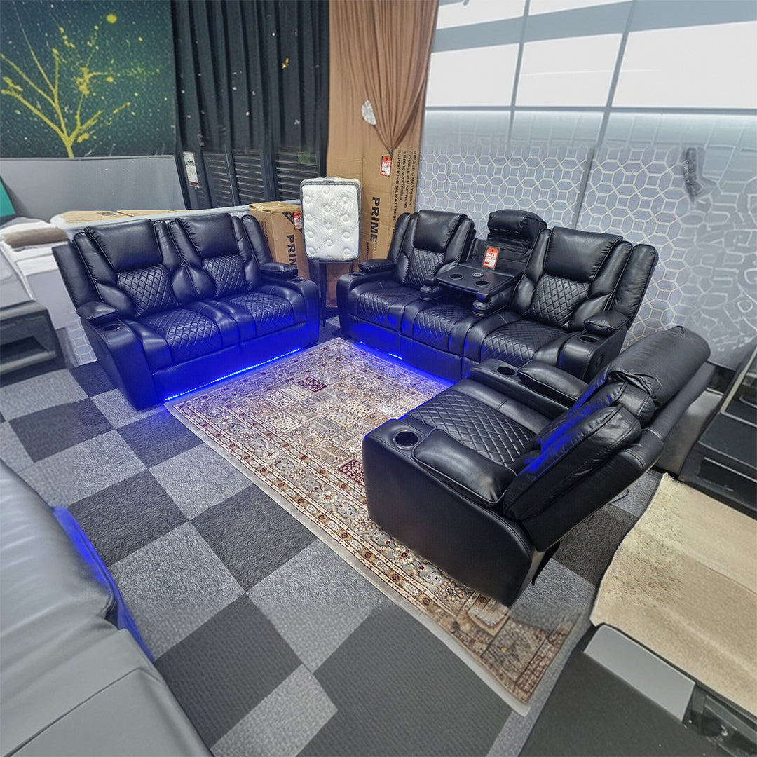 Orlando Electric Recliners 3+2 Seater Leather Sofa (Black, Grey) /LED LIGHTS/WIRELESS CHARGER