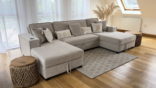 Lancaster U-Shape/Cinema Sofa Bed with Storage and Cup Holders (Available in Chenille Natural, Navy Blue or Grey)