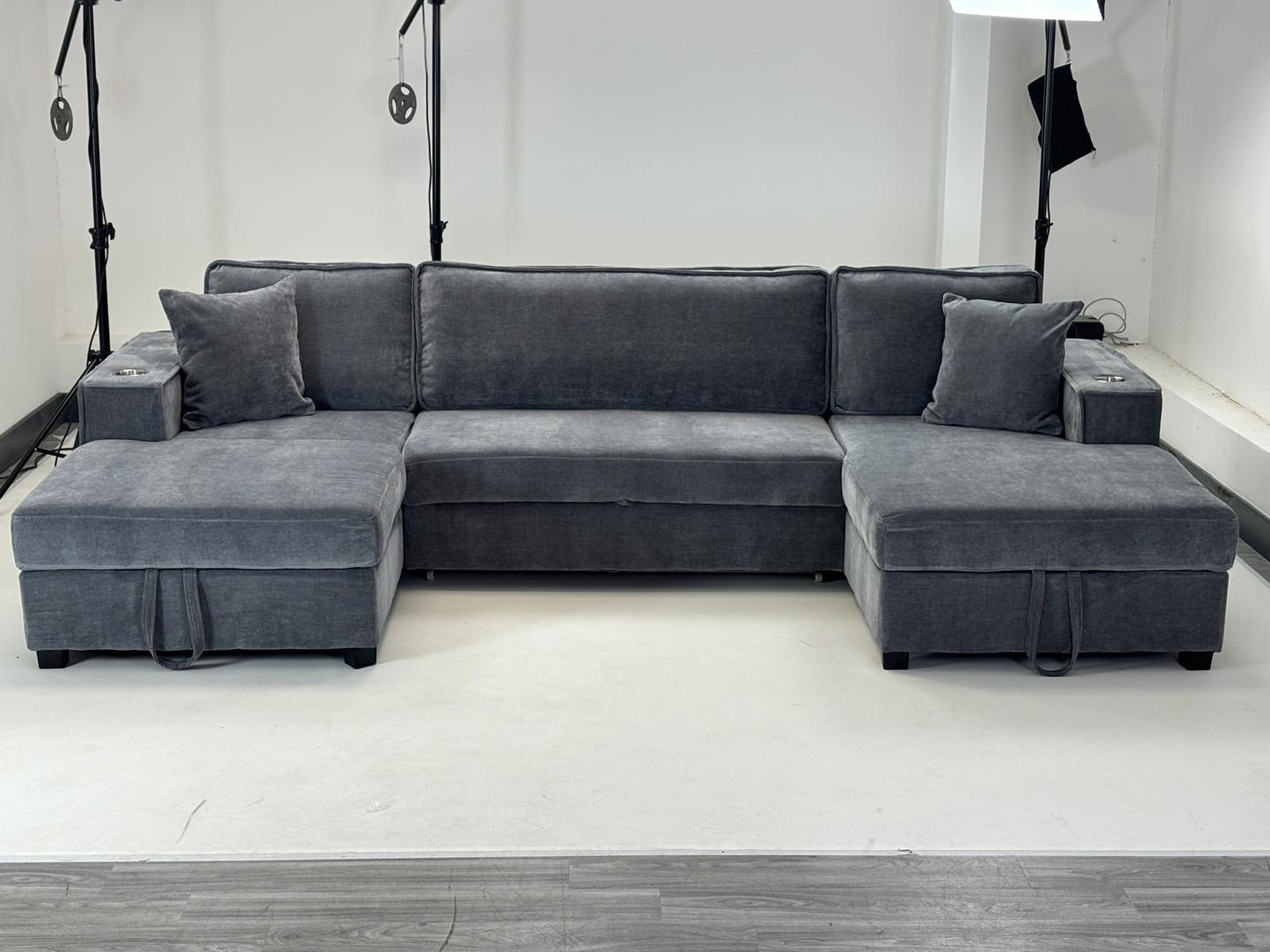 Lancaster U-Shape/Cinema Sofa Bed with Storage and Cup Holders (Available in Chenille Natural, Navy Blue or Grey)