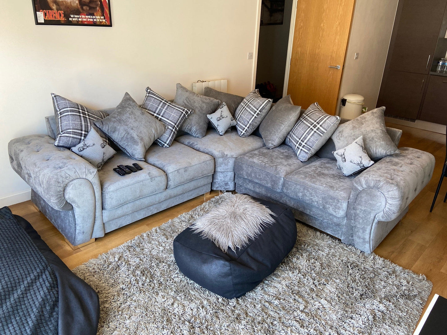 Charlotte Large Corner Scatter Back Sofa (Available in Chenille Grey or Black)