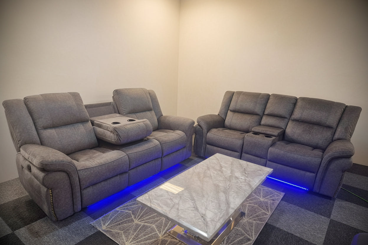 Berlin Fabric Electric Recliner Sofa 3+2 Seater Grey-USB Ports , Led Lights , Cup Holders