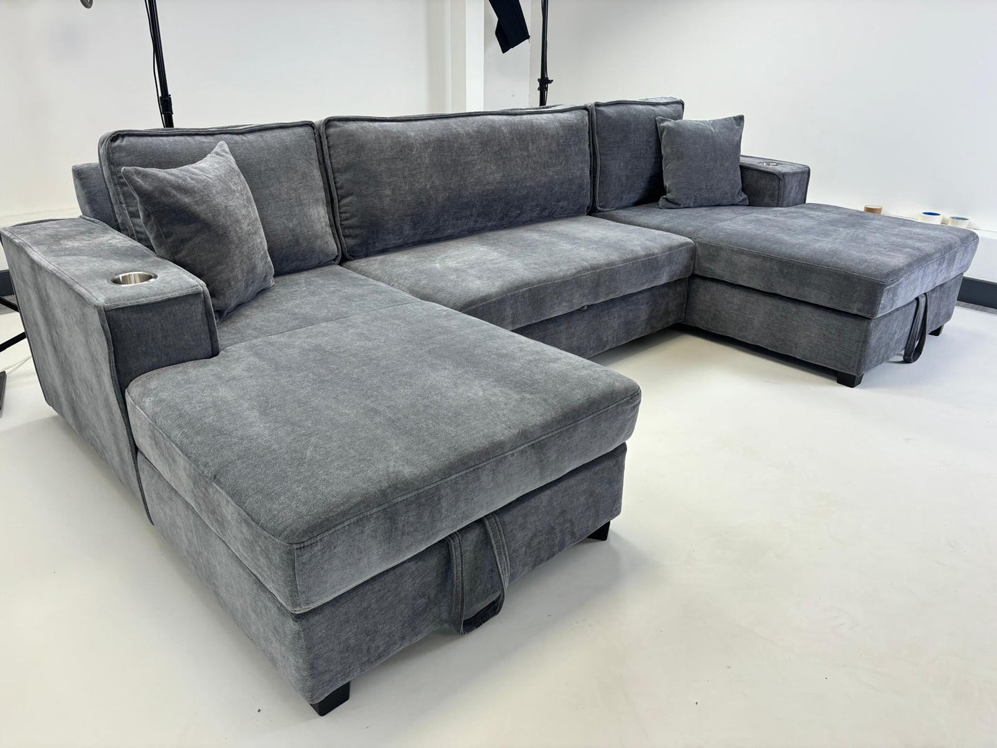 Lancaster U-Shape/Cinema Sofa Bed with Storage and Cup Holders (Available in Chenille Natural, Navy Blue or Grey)
