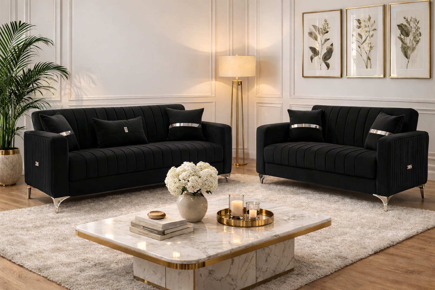Modern Velvet Sofa Bed – 2 & 3 Seater Convertible Couch with Silver Accents