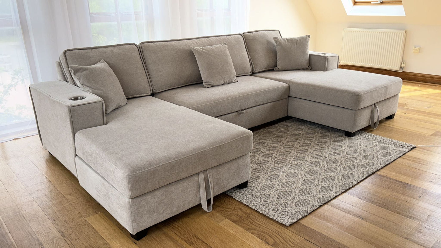 Lancaster U-Shape/Cinema Sofa Bed with Storage and Cup Holders (Available in Chenille Natural, Navy Blue or Grey)