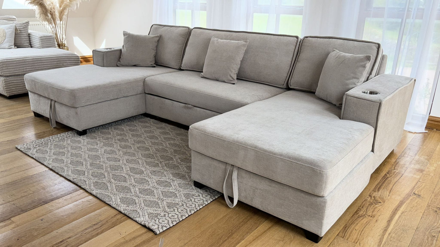 Lancaster U-Shape/Cinema Sofa Bed with Storage and Cup Holders (Available in Chenille Natural, Navy Blue or Grey)