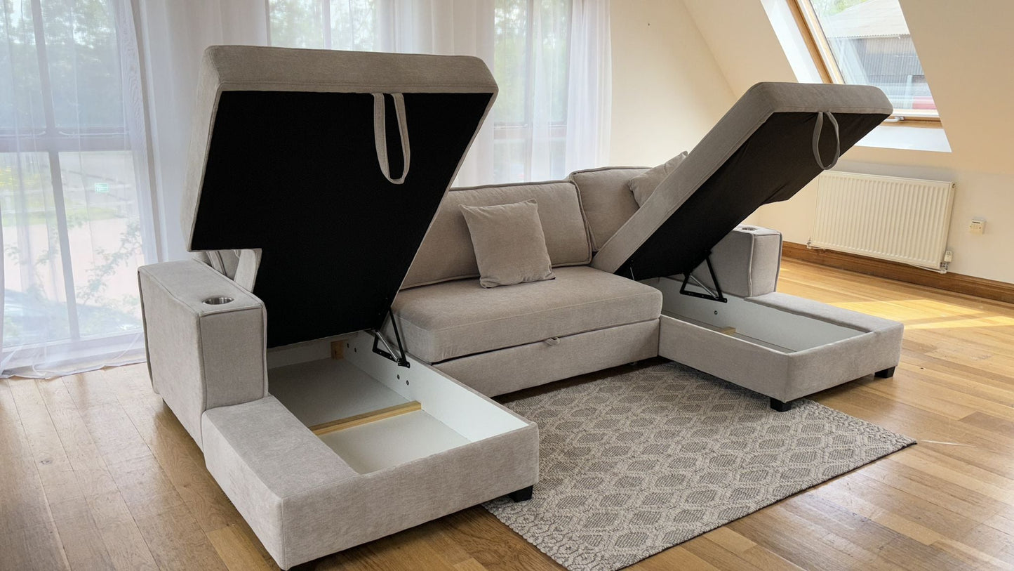 Lancaster U-Shape/Cinema Sofa Bed with Storage and Cup Holders (Available in Chenille Natural, Navy Blue or Grey)