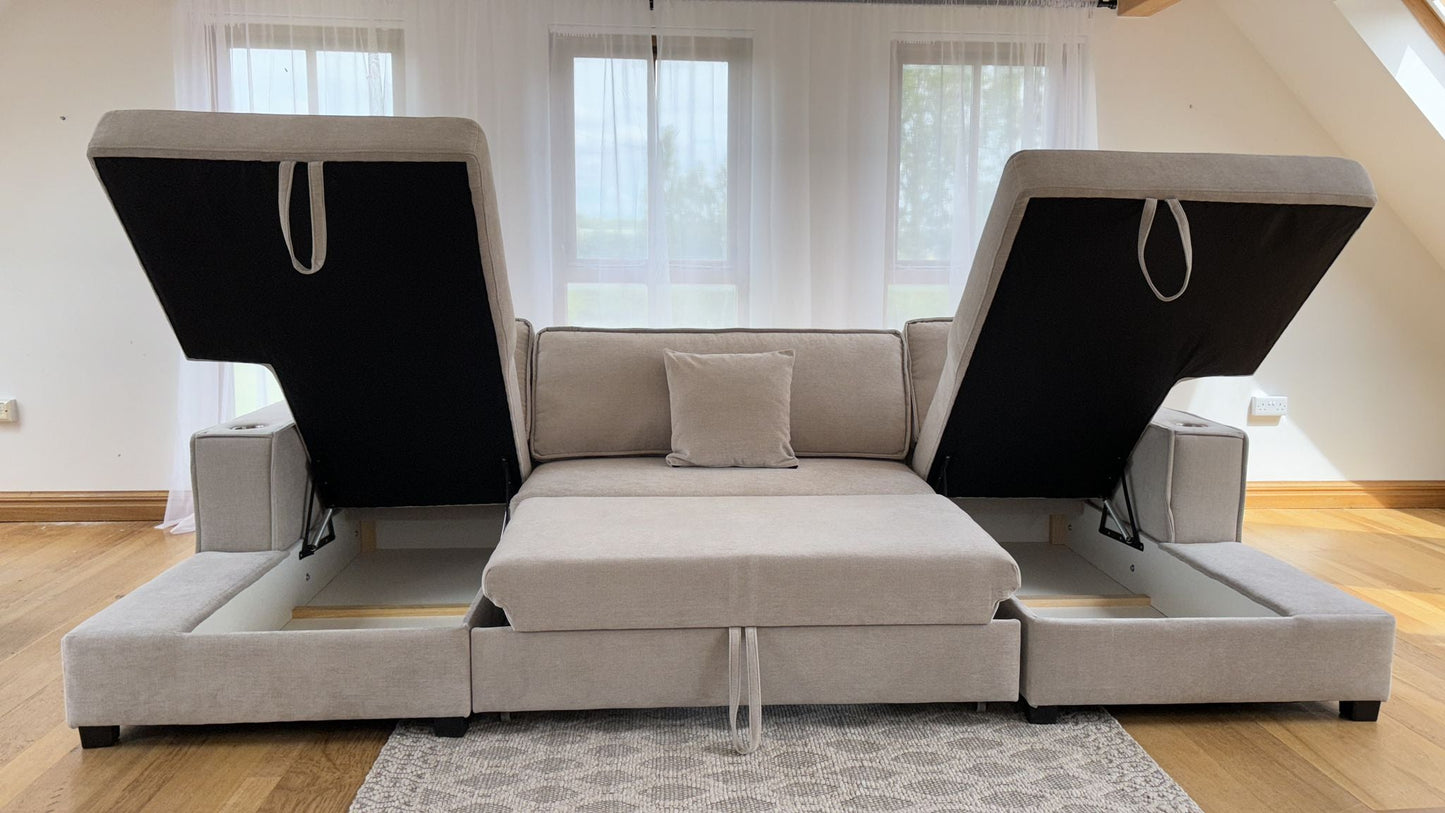 Lancaster U-Shape/Cinema Sofa Bed with Storage and Cup Holders (Available in Chenille Natural, Navy Blue or Grey)