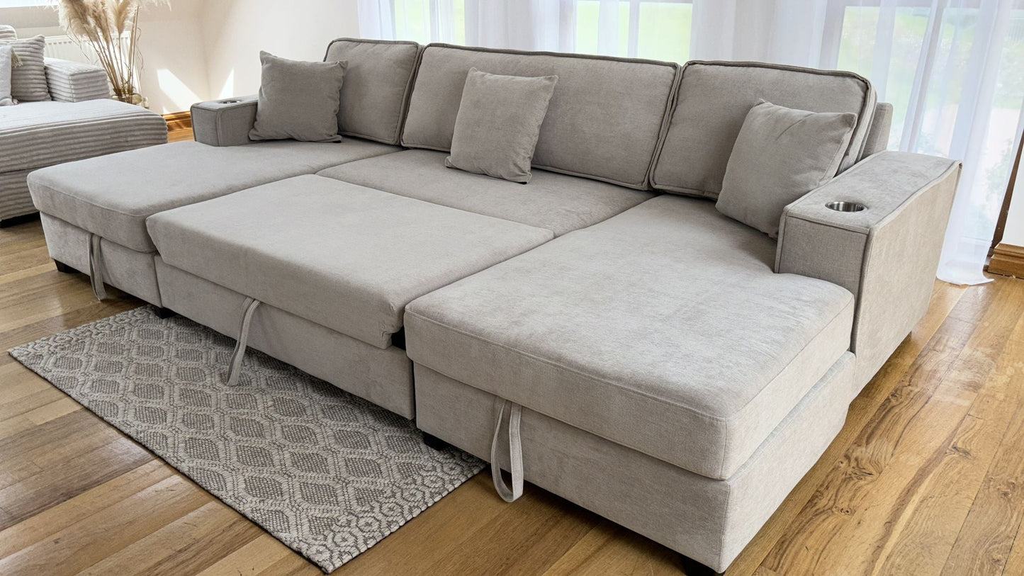 Lancaster U-Shape/Cinema Sofa Bed with Storage and Cup Holders (Available in Chenille Natural, Navy Blue or Grey)