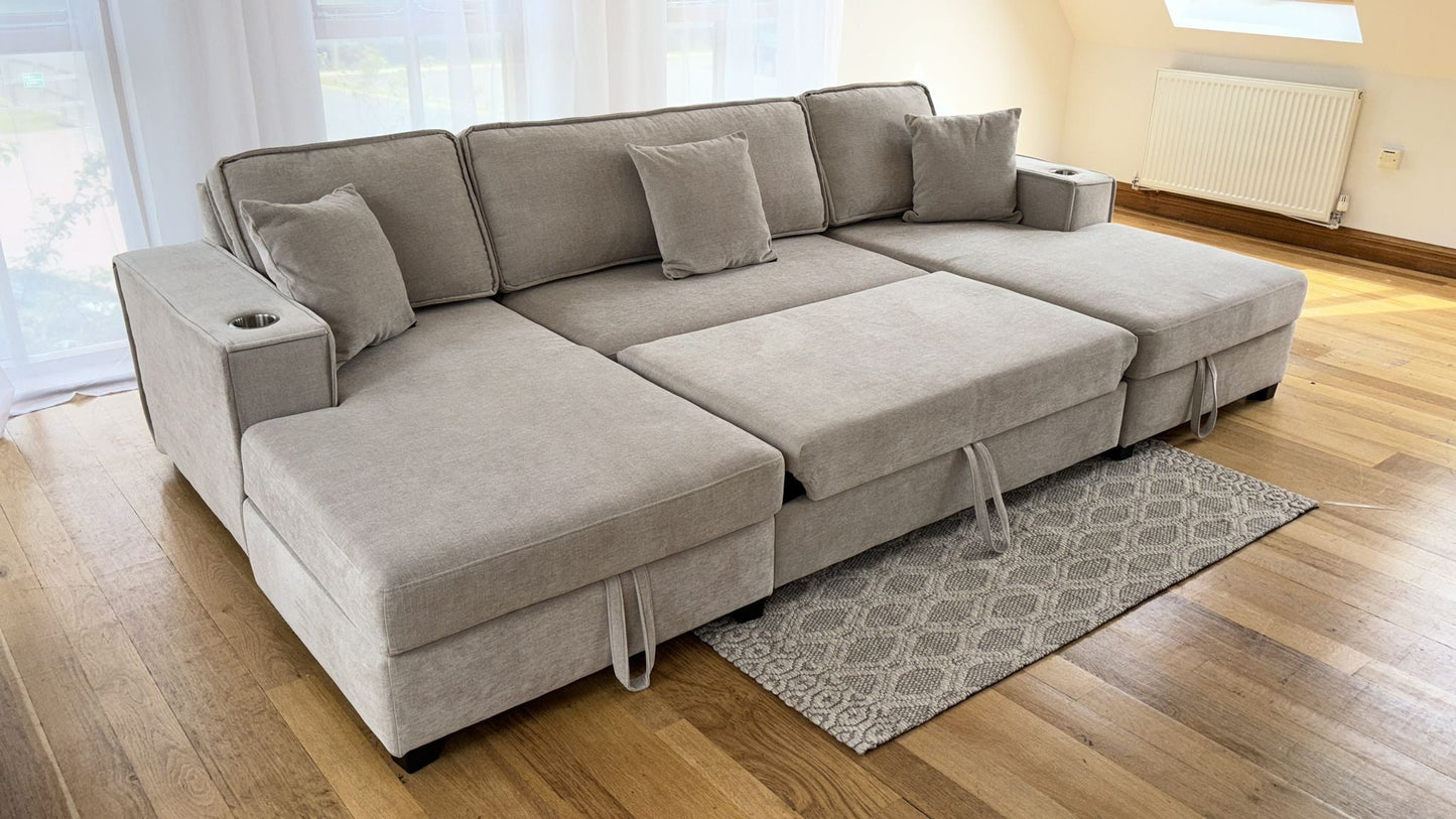 Lancaster U-Shape/Cinema Sofa Bed with Storage and Cup Holders (Available in Chenille Natural, Navy Blue or Grey)
