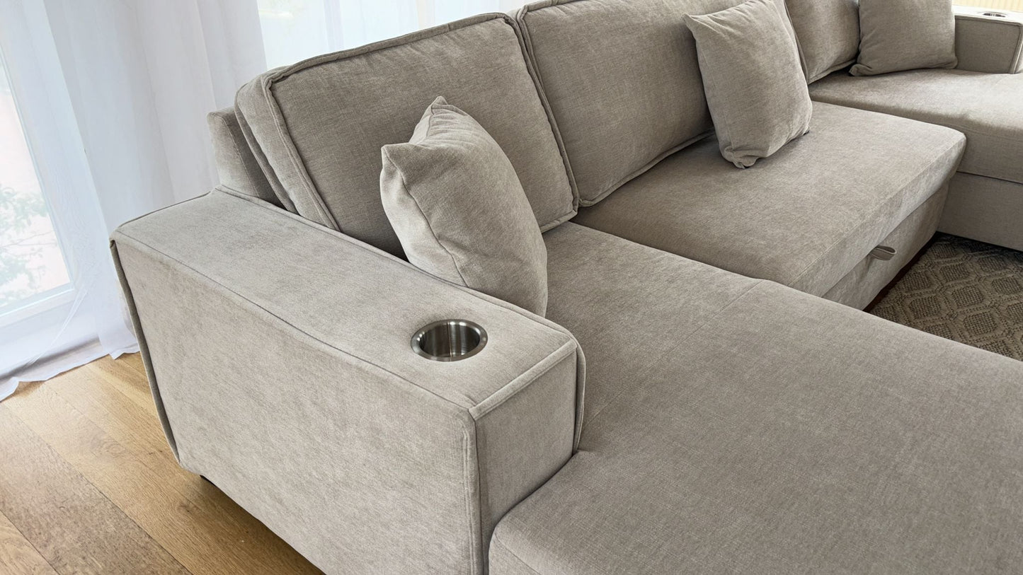 Lancaster U-Shape/Cinema Sofa Bed with Storage and Cup Holders (Available in Chenille Natural, Navy Blue or Grey)