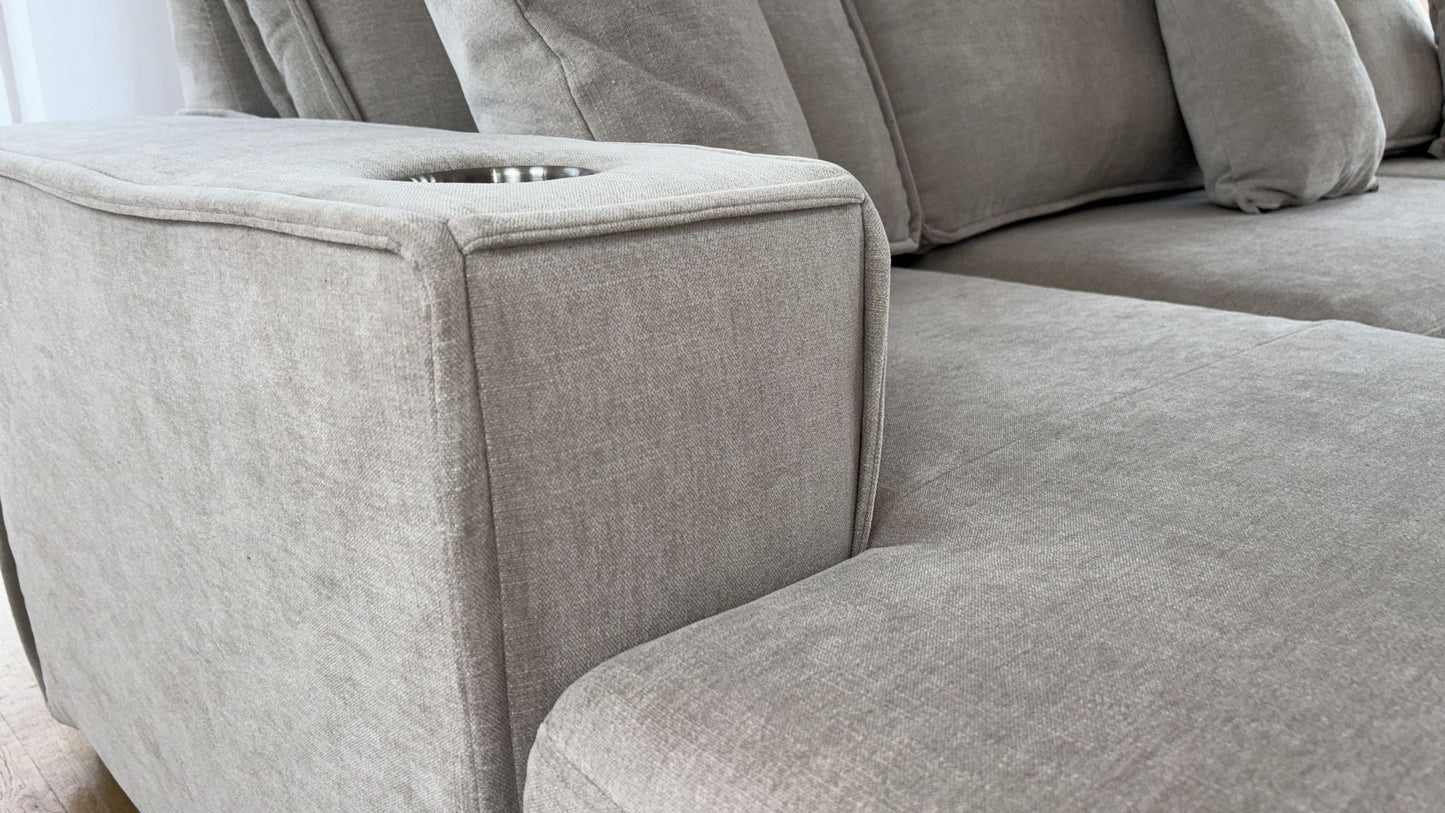 Lancaster U-Shape/Cinema Sofa Bed with Storage and Cup Holders (Available in Chenille Natural, Navy Blue or Grey)