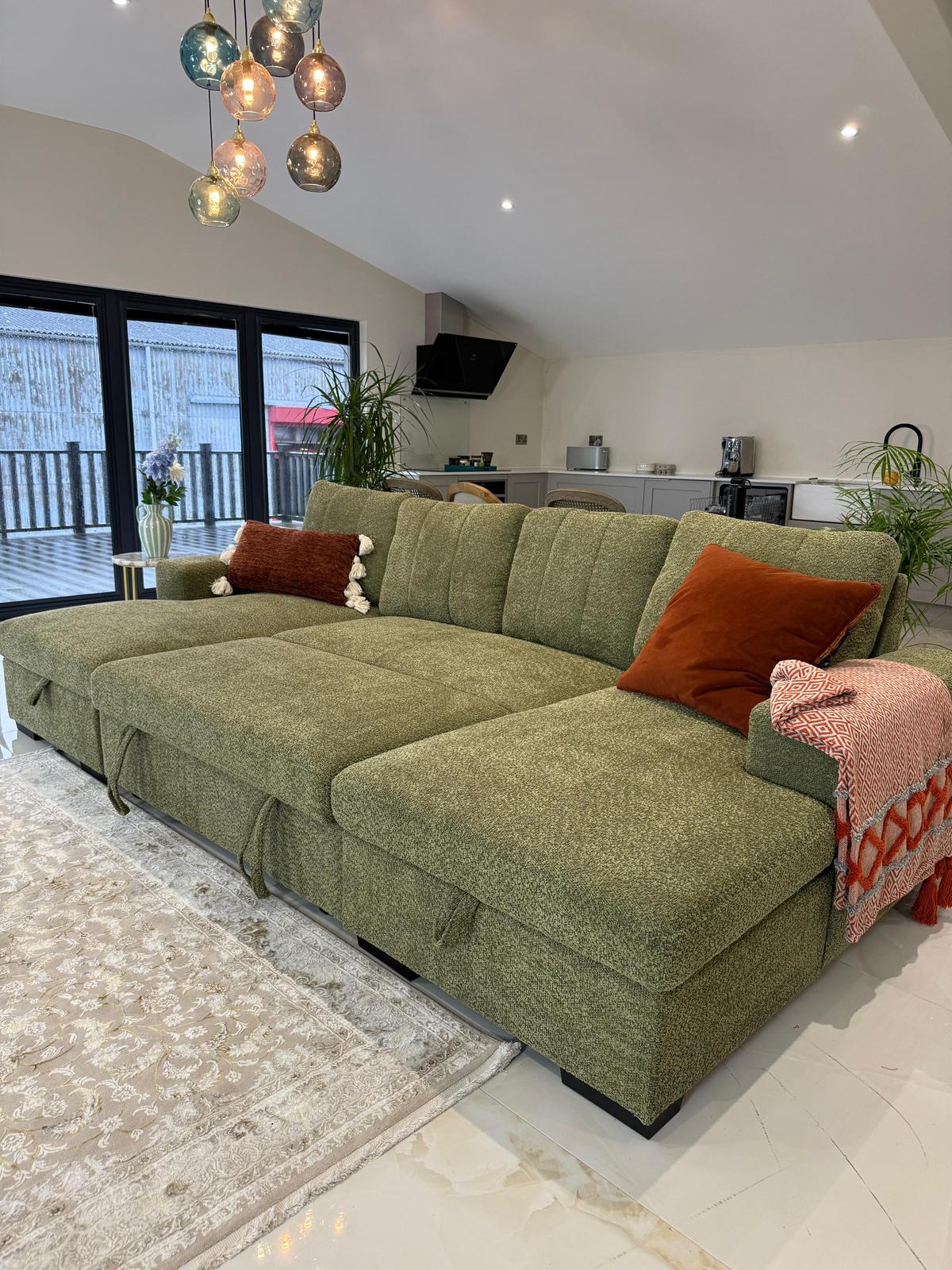 Vareena U-Shape Sofa Bed with Storage (Available in Chenille Light Grey, Dark Grey, Blue, Beige or Green)