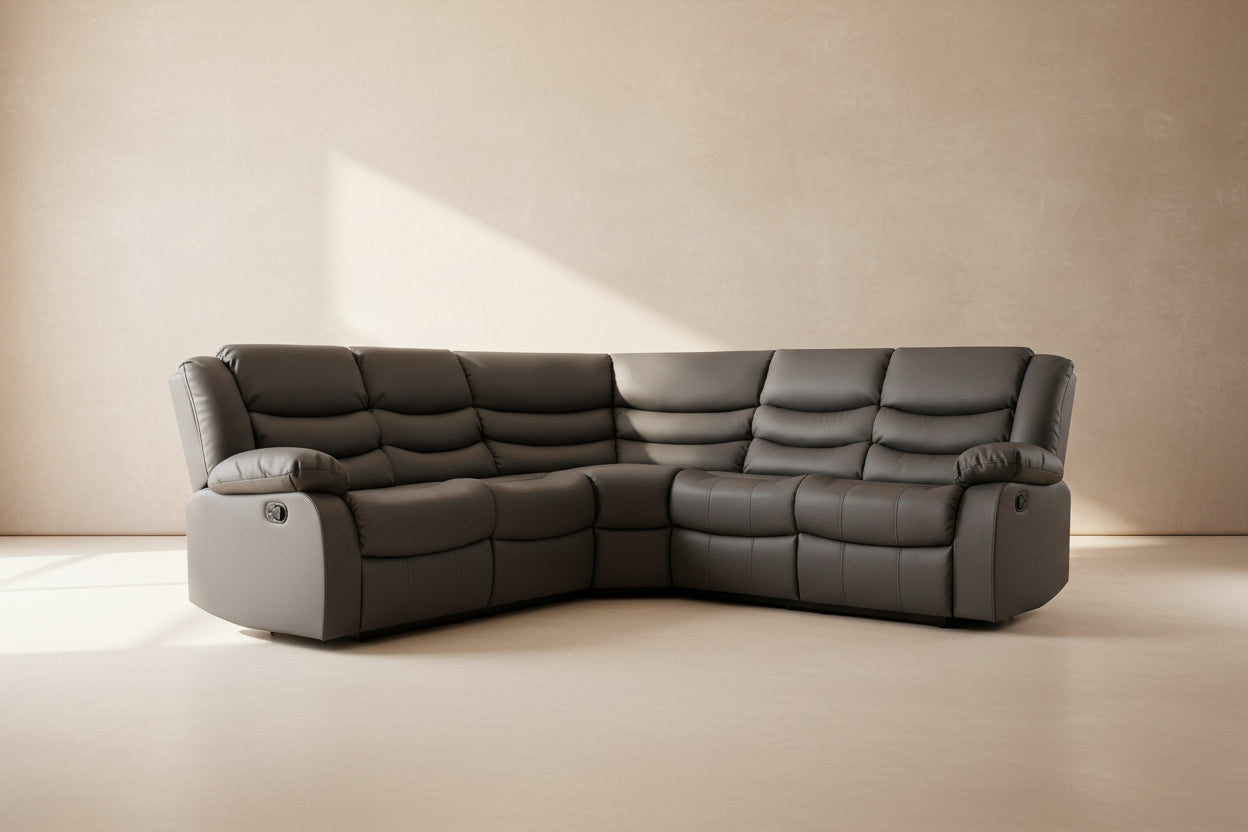 Roma Leather Recliner Corner Sofa (Black/Grey/Brown)