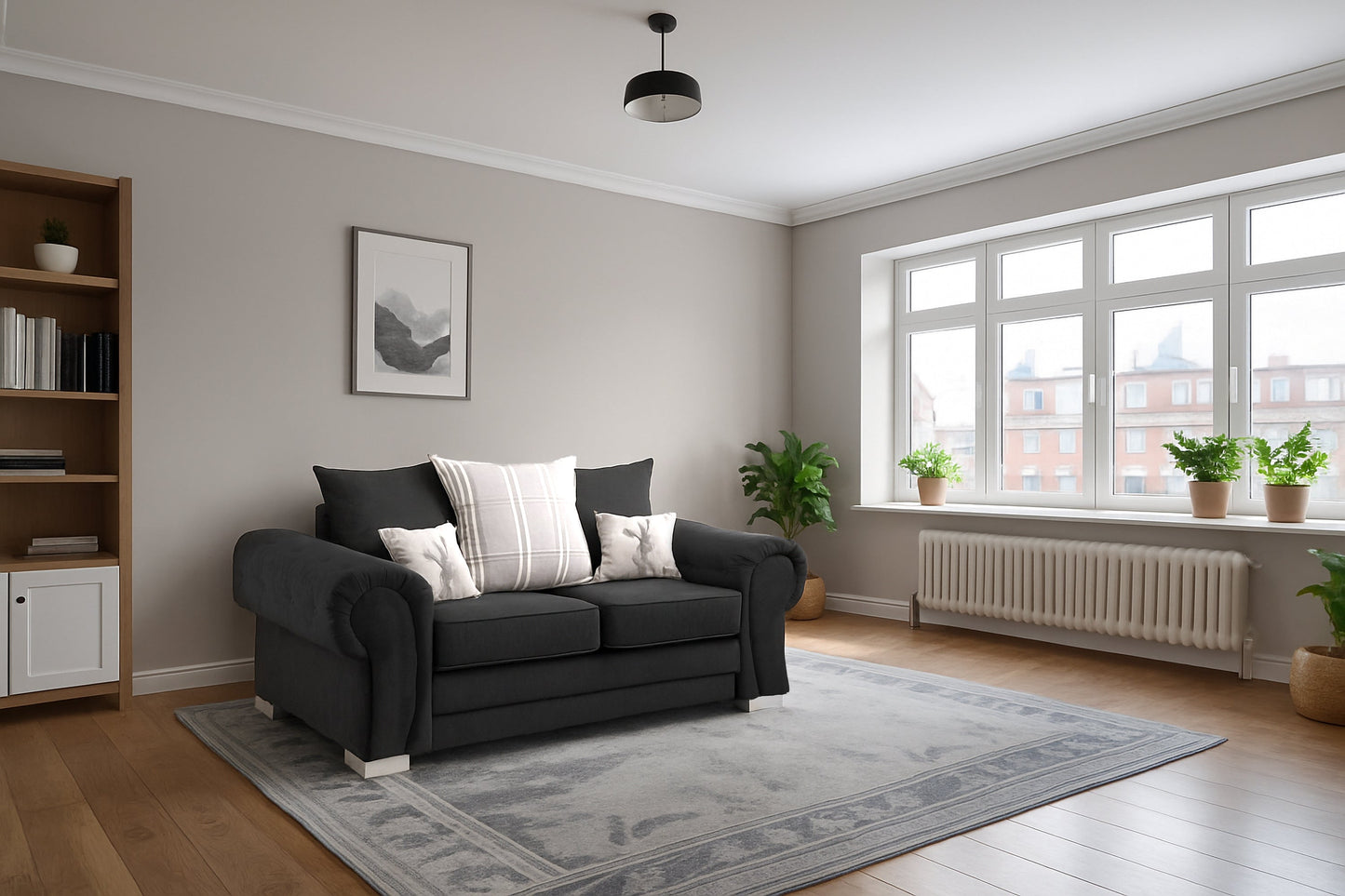 Charlotte 2 Seat Scatter Back Sofa (Available in Chenille Black or Grey)