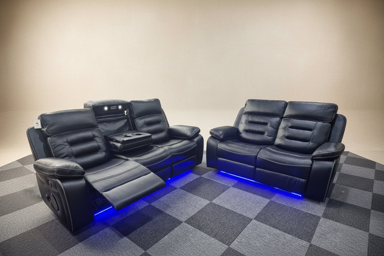 Hafsa Music Leather Electric Recliners 3+2 Seater Sofa (Black, Grey,Brown) Blutooth Speakers/LED LIGHTS/WIRELESS CHARGER