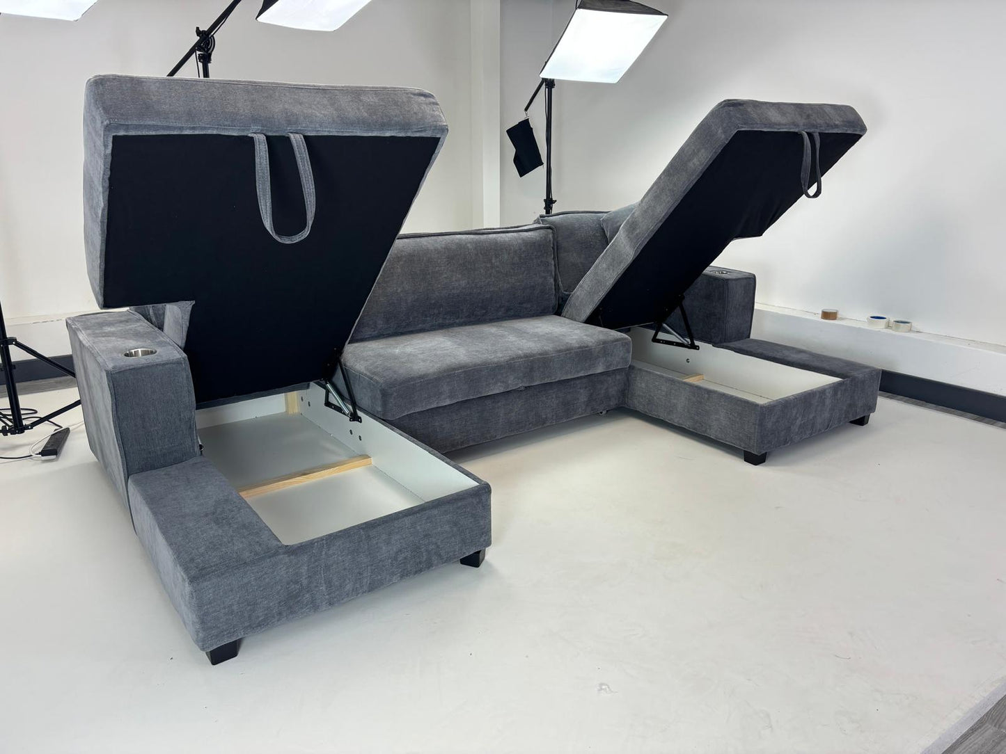 Lancaster U-Shape/Cinema Sofa Bed with Storage and Cup Holders (Available in Chenille Natural, Navy Blue or Grey)