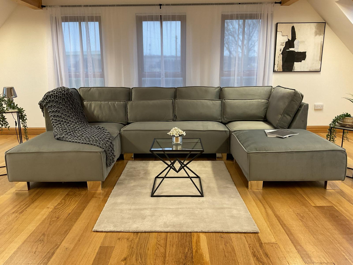 Belgravia U-Shape Sofa (Available in Plush Velvet Black, Cream or Grey)