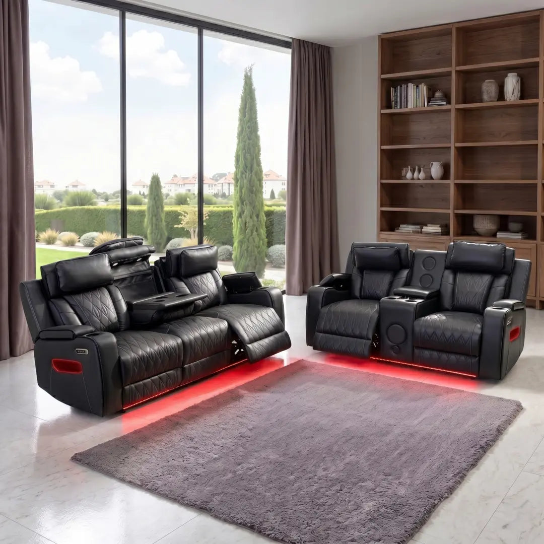 Osman Smart Leather Sofa 3+2 Seater with Wireless Charging, USB-C, RGB LED & Electric Headrest