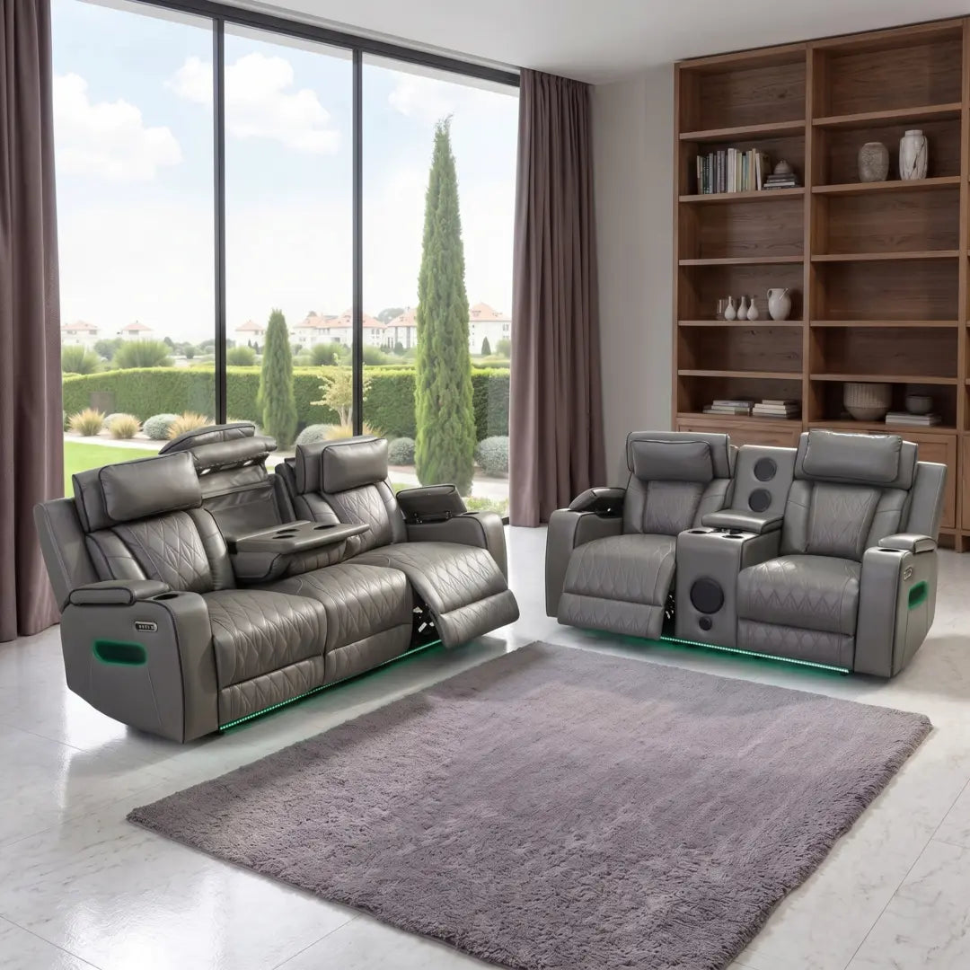 Osman Smart Leather Sofa 3+2 Seater with Wireless Charging, USB-C, RGB LED & Electric Headrest